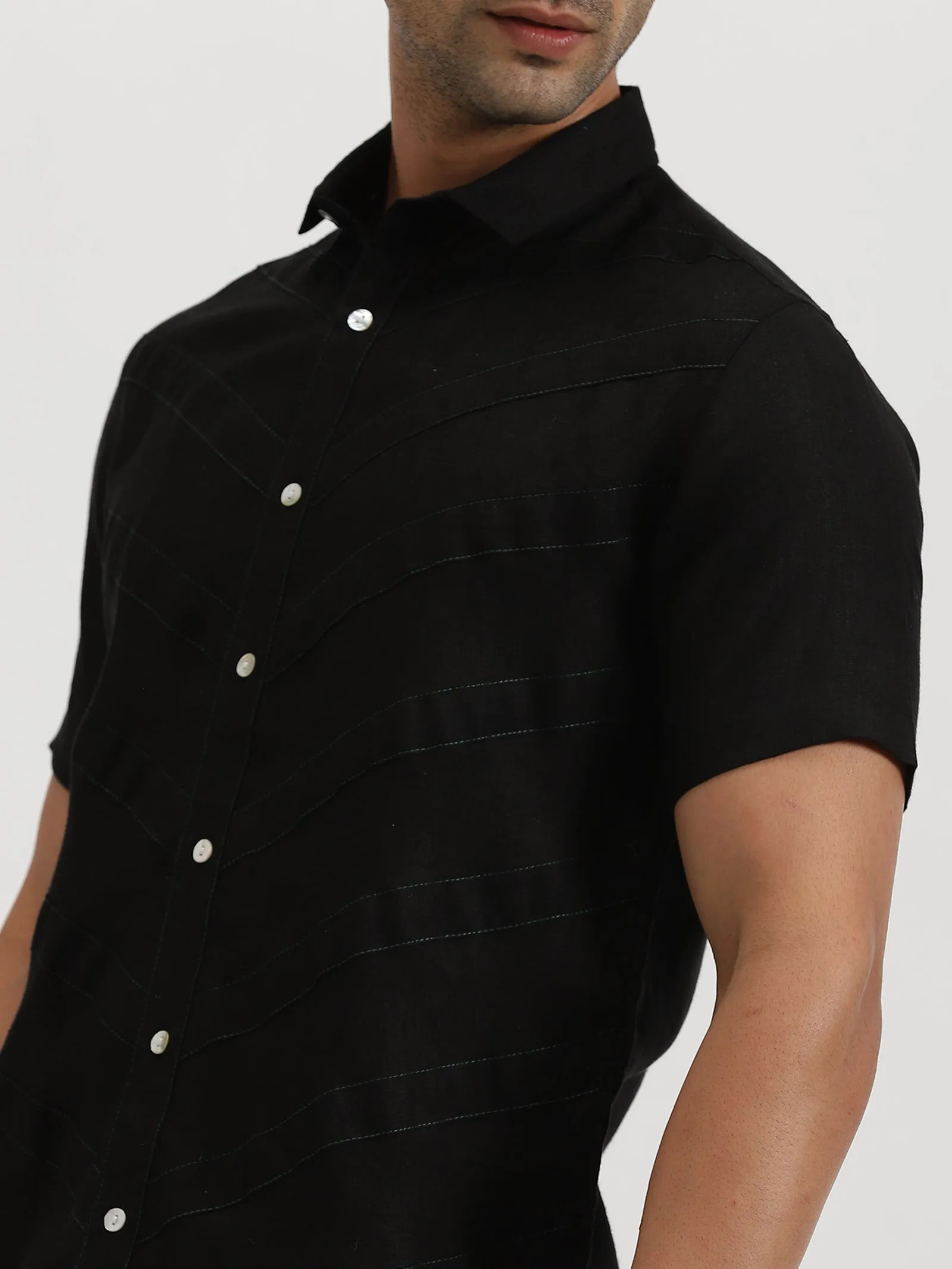 Pierre - Pure Linen Stitch Detailed Half Sleeve Shirt - Black