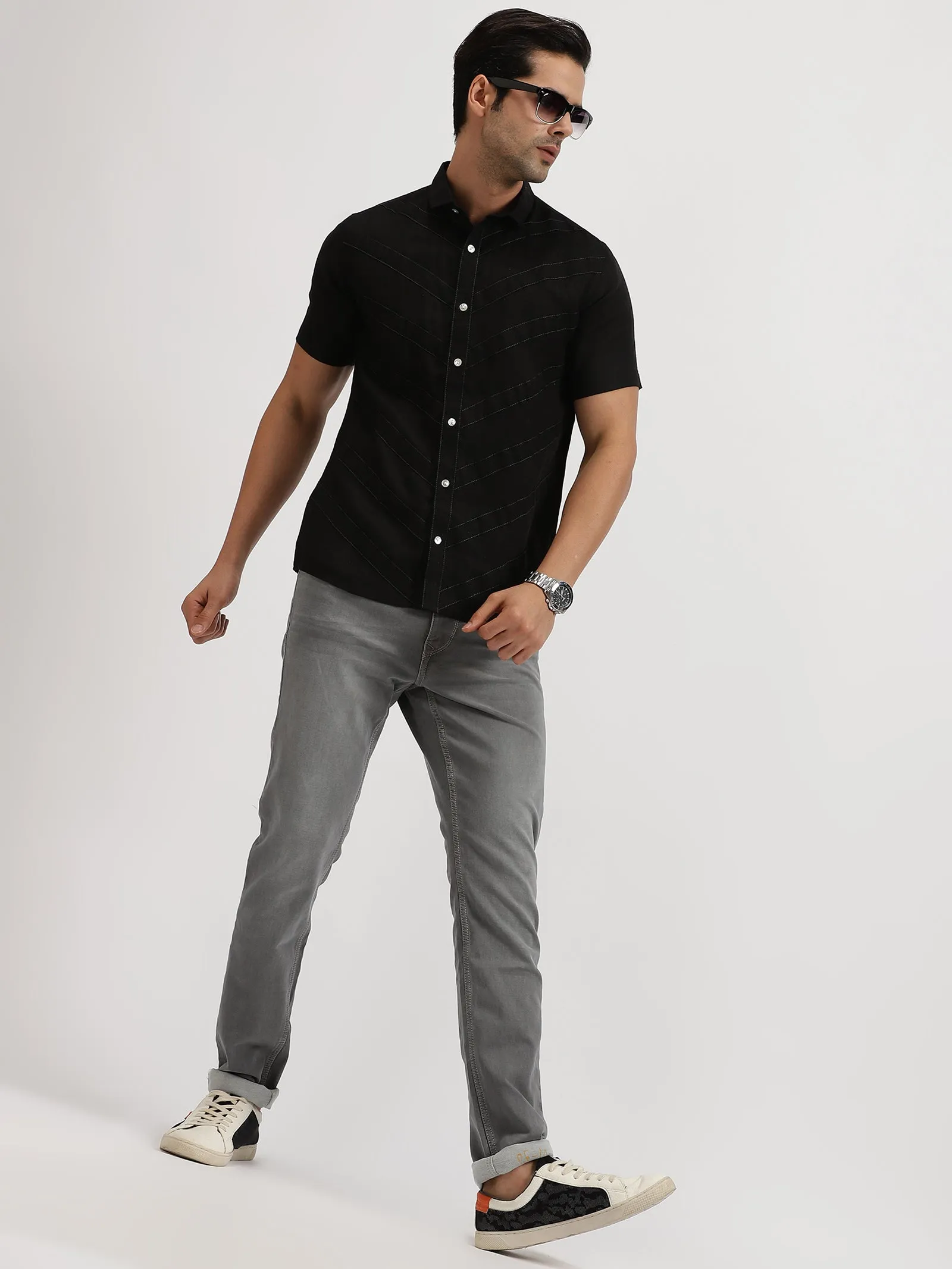 Pierre - Pure Linen Stitch Detailed Half Sleeve Shirt - Black