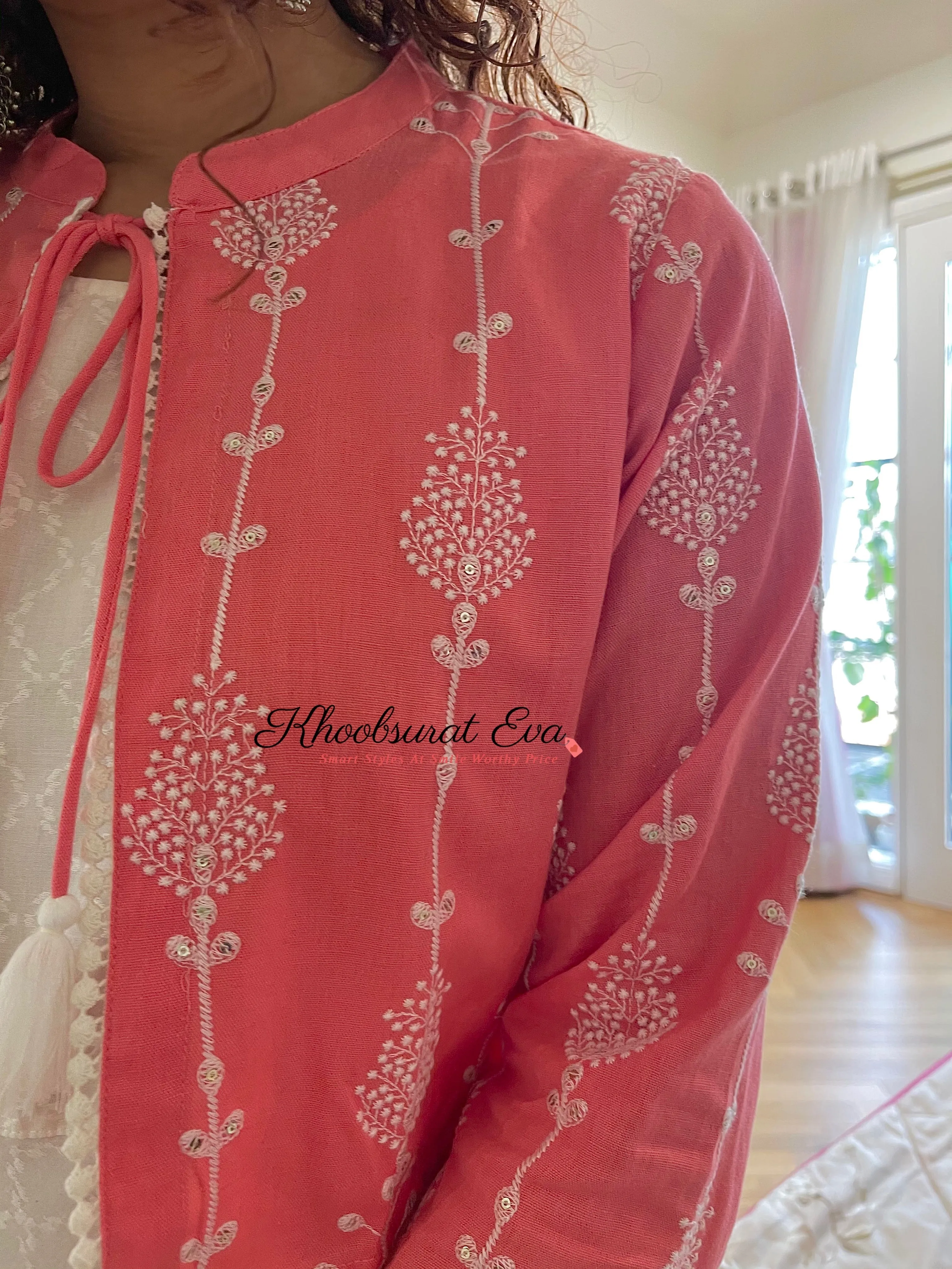 Pink And White Embroidered Jacket And Maxi Dress (Set Of 2)