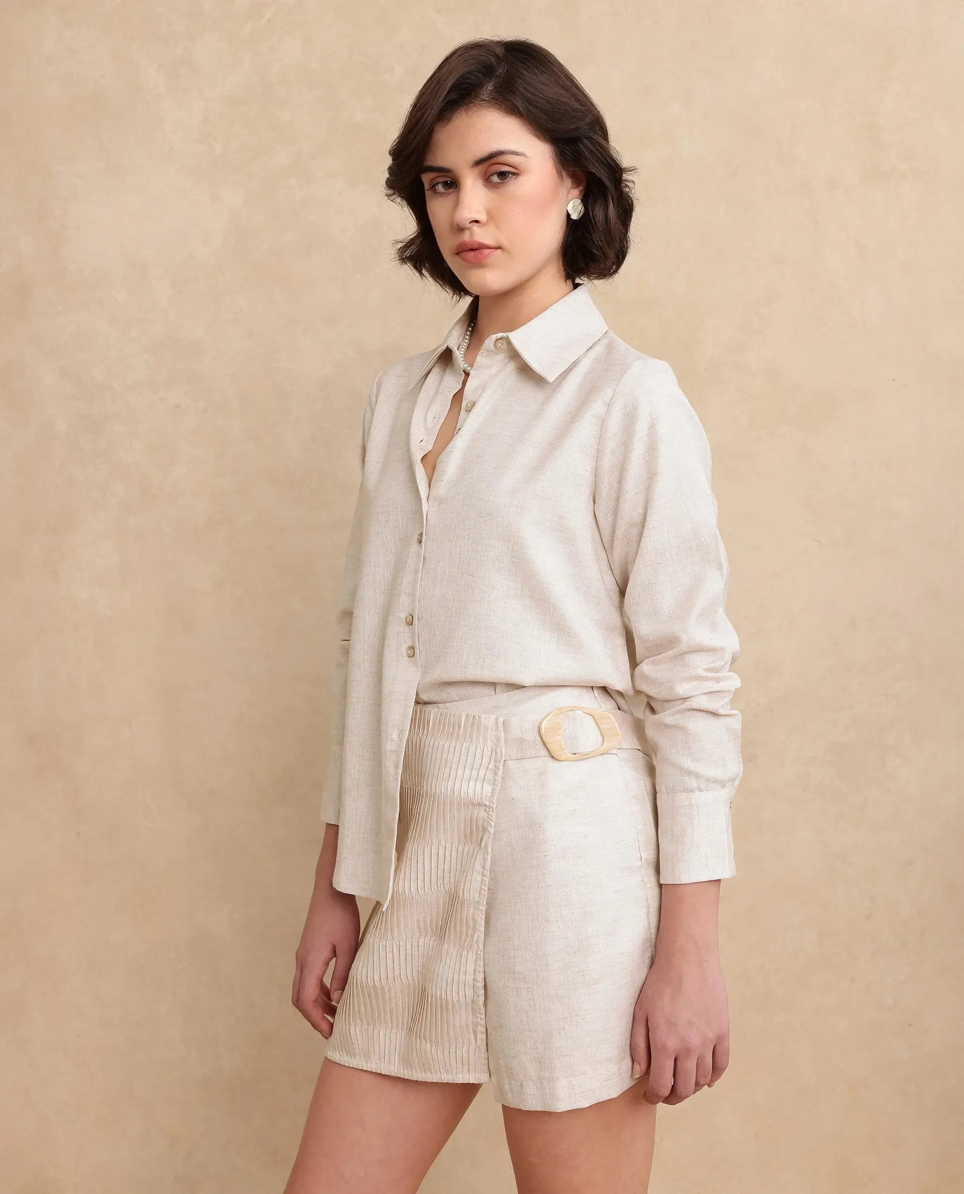 Rareism Women Lippta Beige Poly Blend Fabric Cuffed Sleeve Collared Neck Button Closure Plain Top