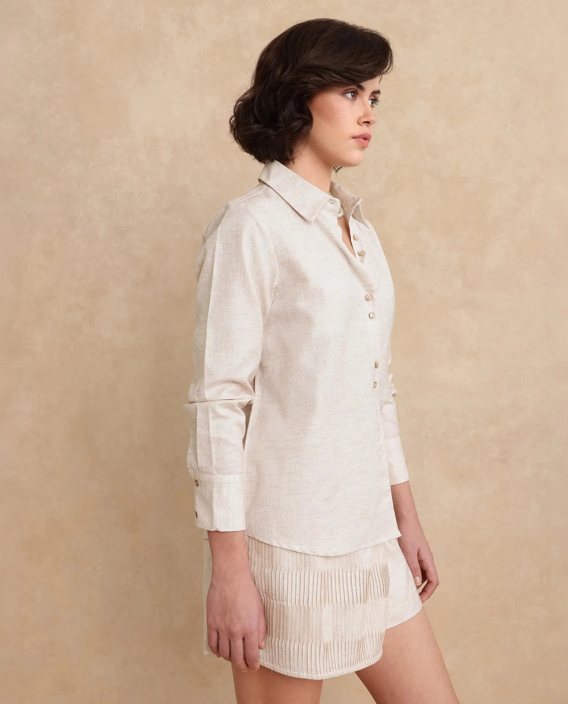 Rareism Women Lippta Beige Poly Blend Fabric Cuffed Sleeve Collared Neck Button Closure Plain Top