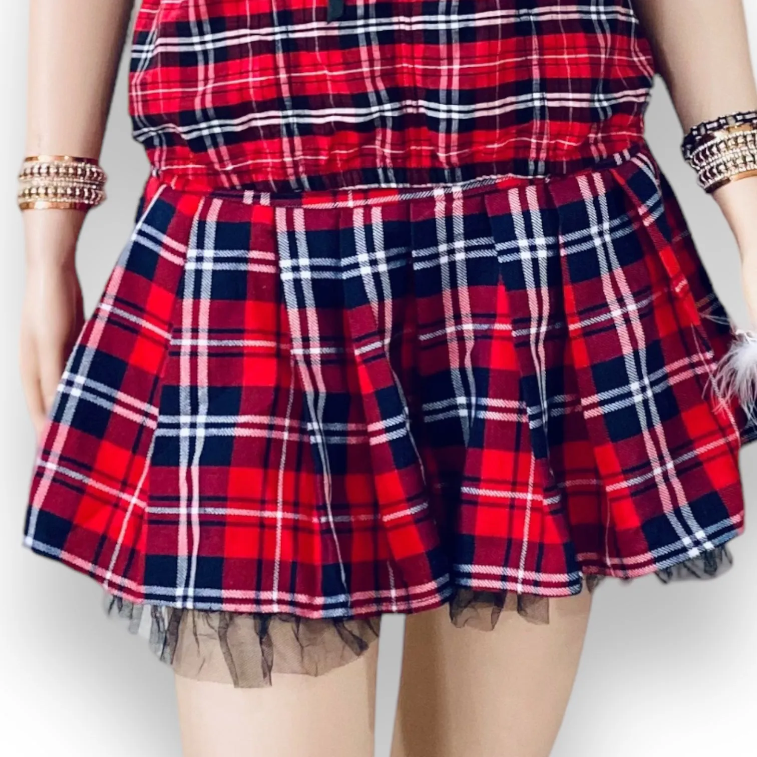 Red Tartan Tulle Micro Skirt