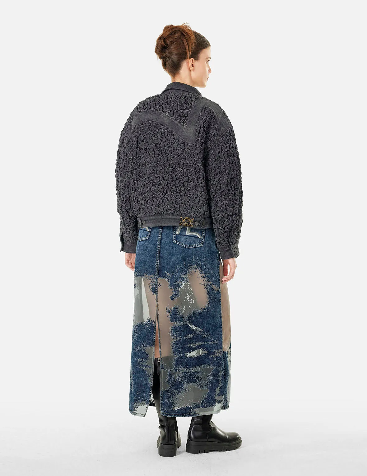 Seagull Embroidery Fashion Fit Burn-Out Denim Skirt