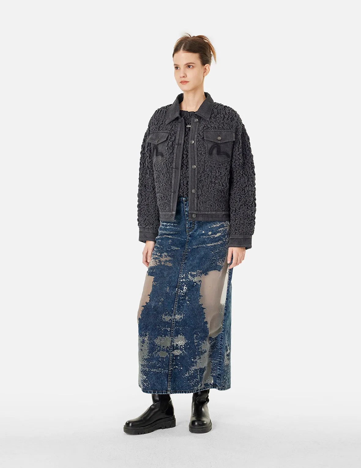Seagull Embroidery Fashion Fit Burn-Out Denim Skirt