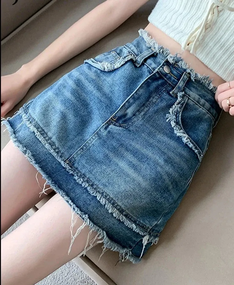Sexy Girls Retro Denim Skirt New Fashion High Waist Tassel Women's Skirts A-Line Short Blue Jeans Skirt Female Tight S-XL