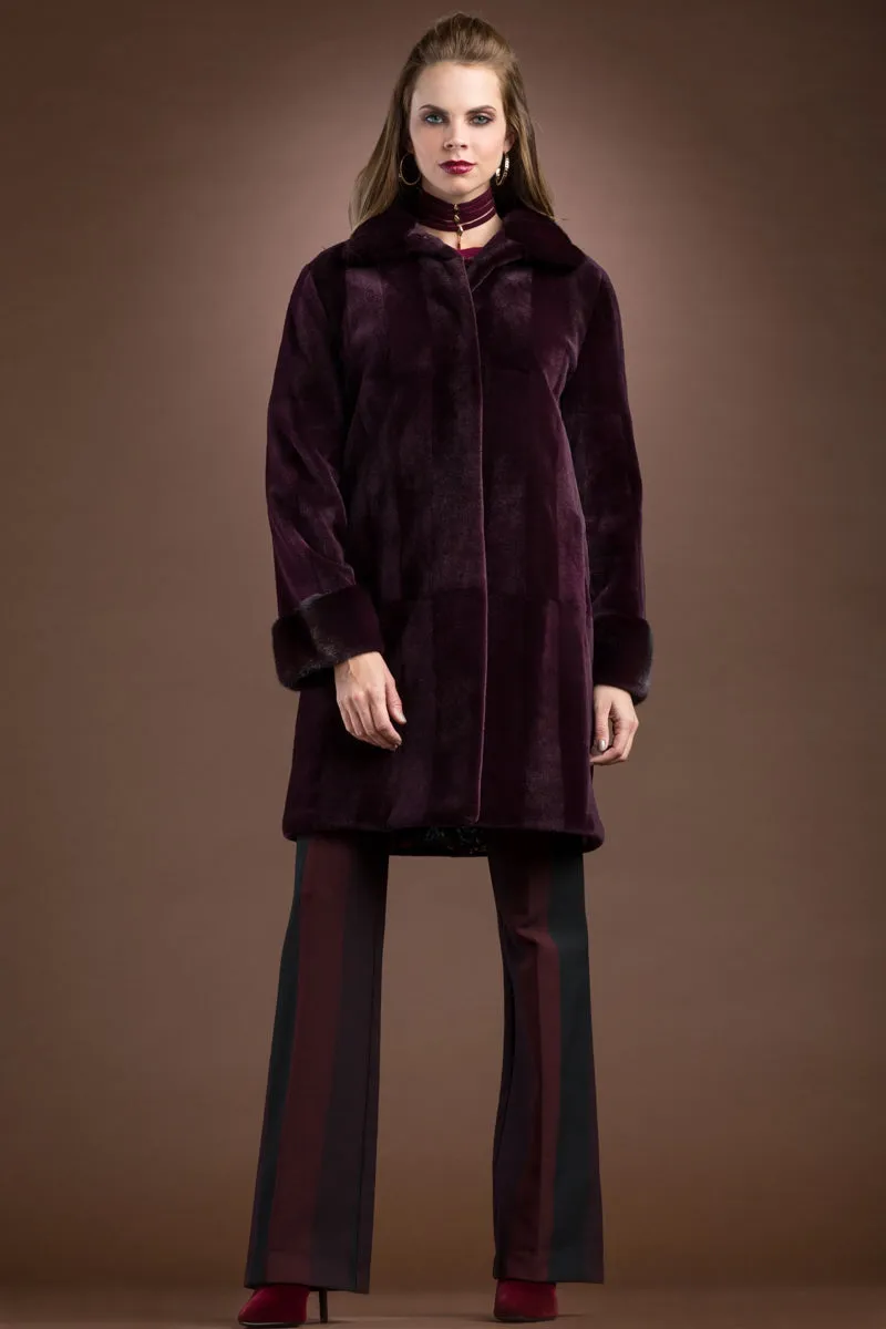 Sheared & Long Haired Mink Mid-Length Fur Coat - Brick Pattern