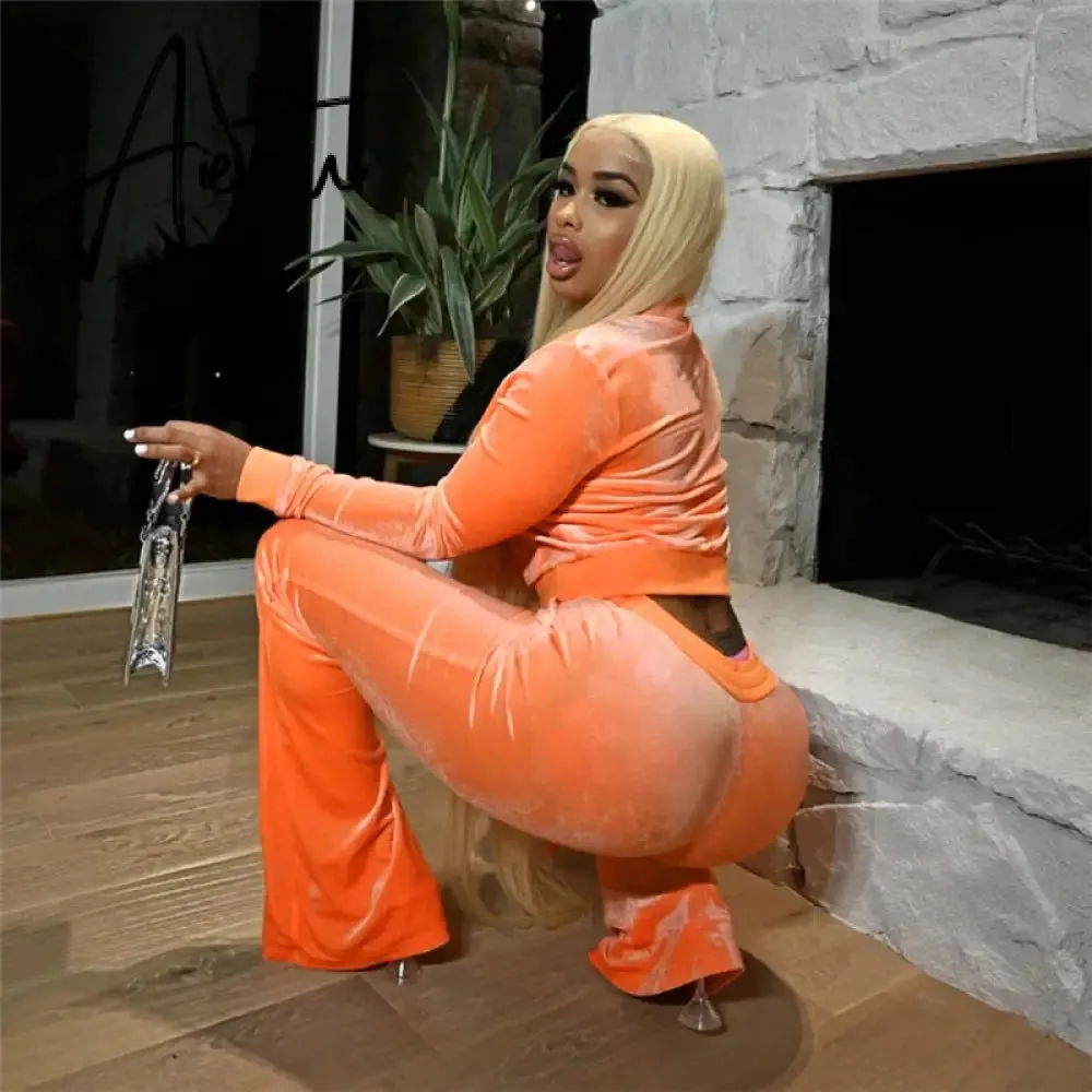 Turtleneck Top Bandage Lace Slim Female Wide Leg Pants Solid Velour Two Piece Set Women Simple Casual Zipper Long Sleeve