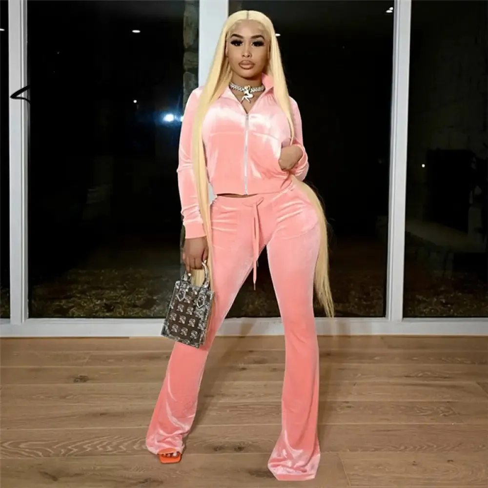 Turtleneck Top Bandage Lace Slim Female Wide Leg Pants Solid Velour Two Piece Set Women Simple Casual Zipper Long Sleeve