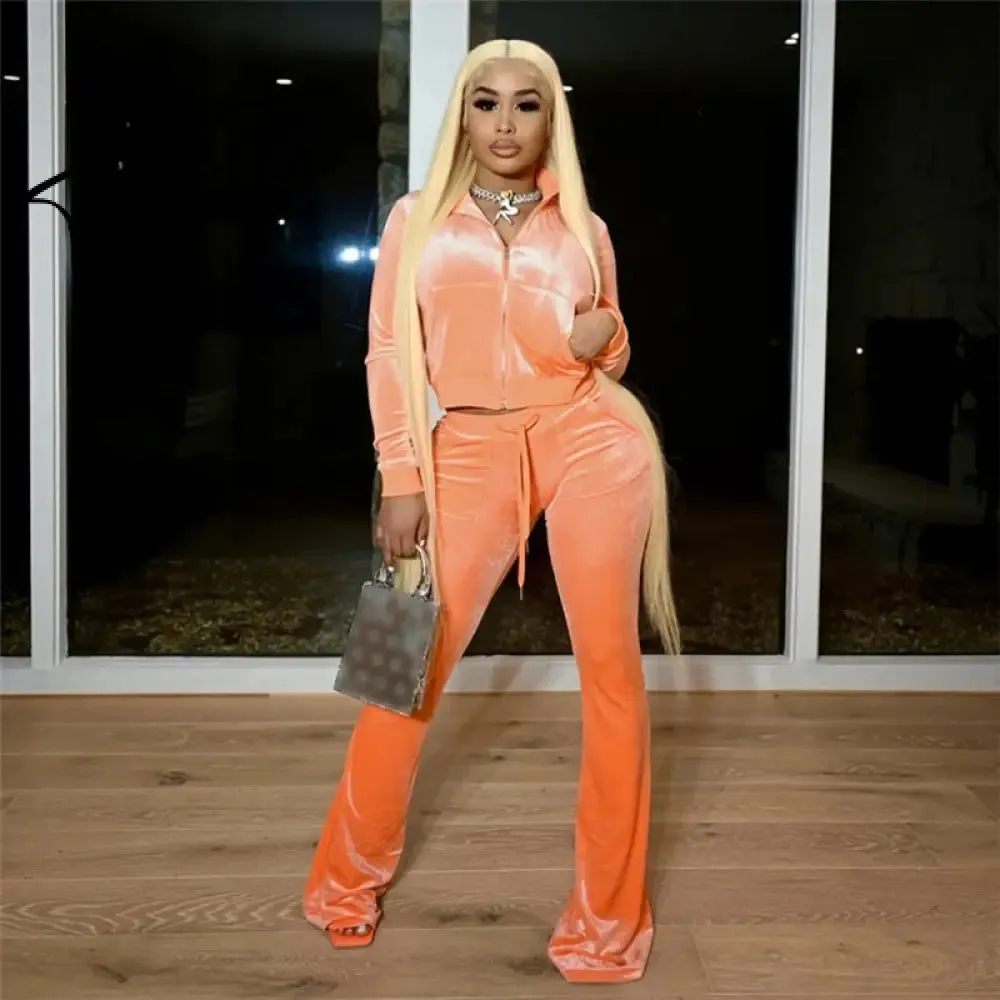Turtleneck Top Bandage Lace Slim Female Wide Leg Pants Solid Velour Two Piece Set Women Simple Casual Zipper Long Sleeve