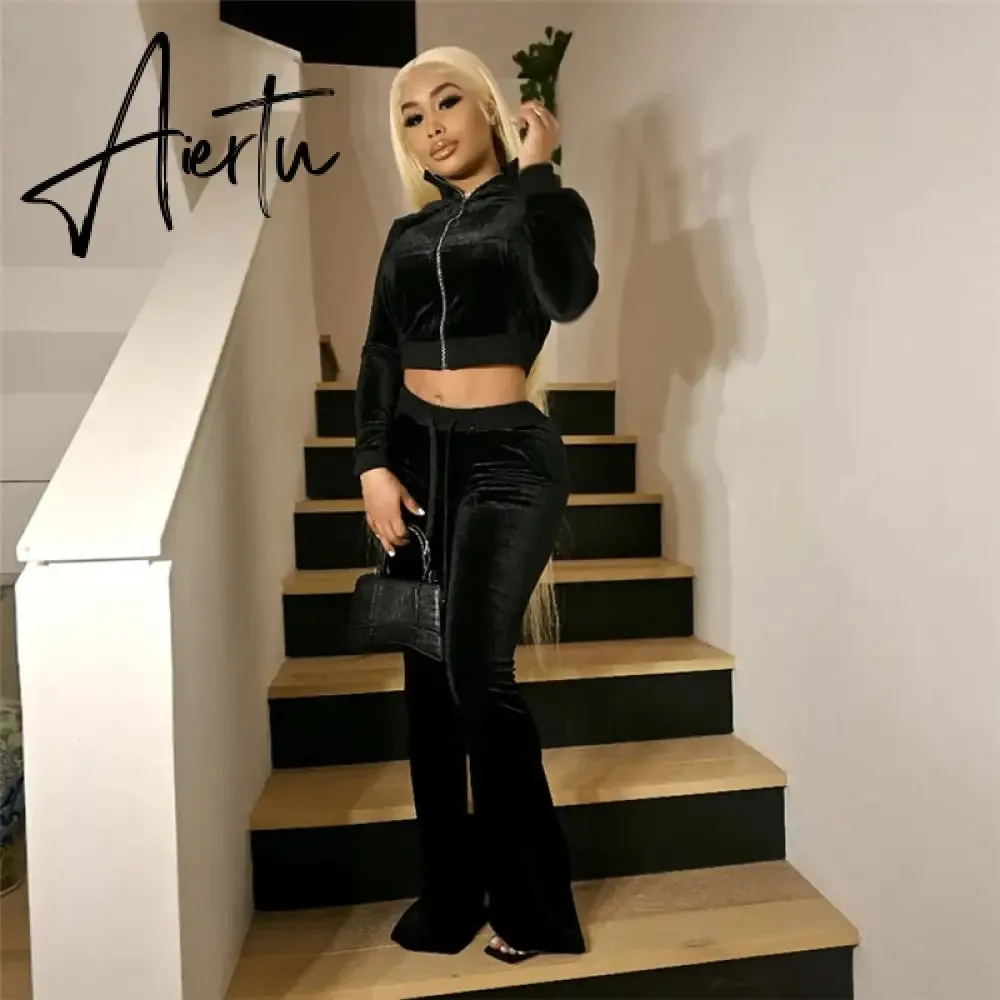 Turtleneck Top Bandage Lace Slim Female Wide Leg Pants Solid Velour Two Piece Set Women Simple Casual Zipper Long Sleeve