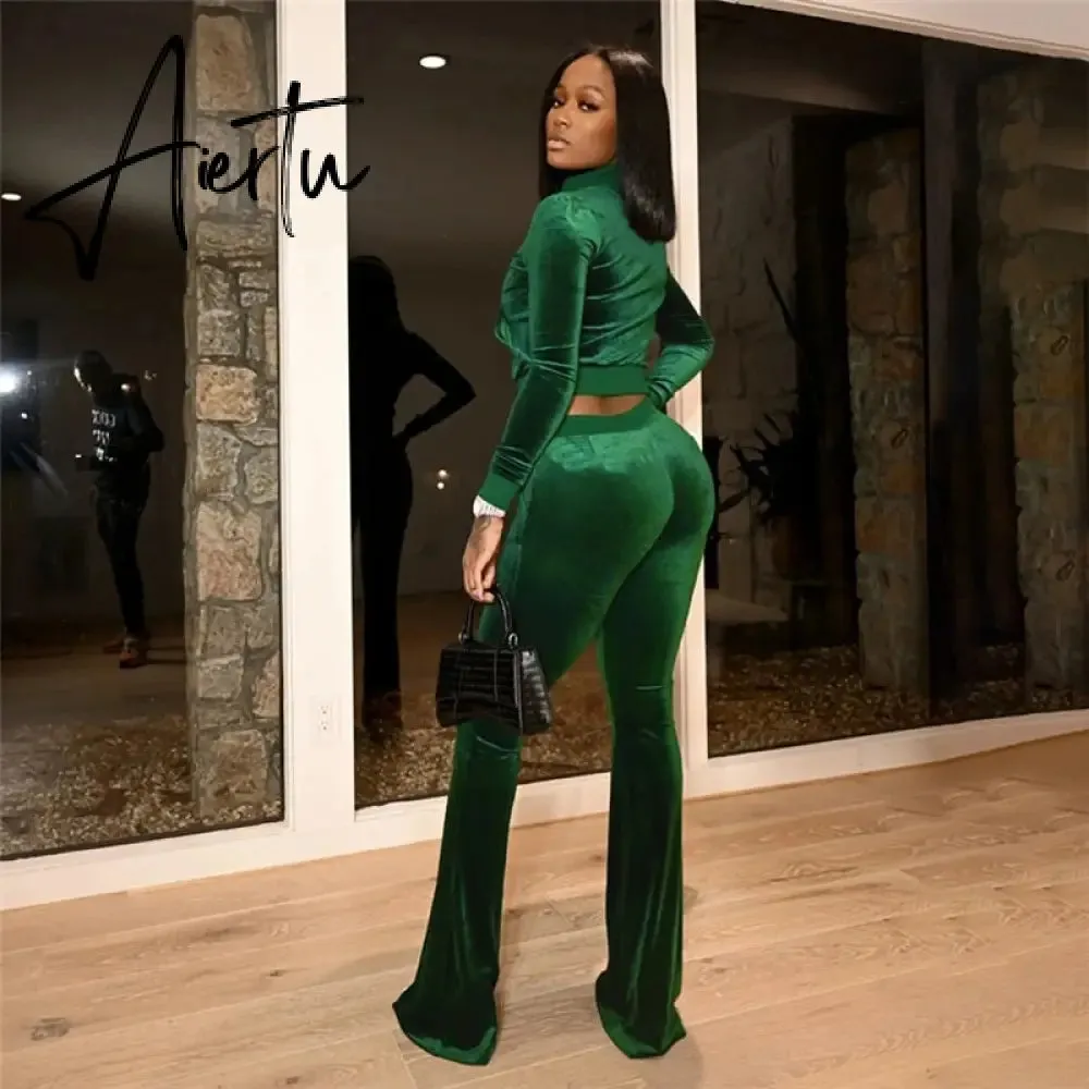 Turtleneck Top Bandage Lace Slim Female Wide Leg Pants Solid Velour Two Piece Set Women Simple Casual Zipper Long Sleeve