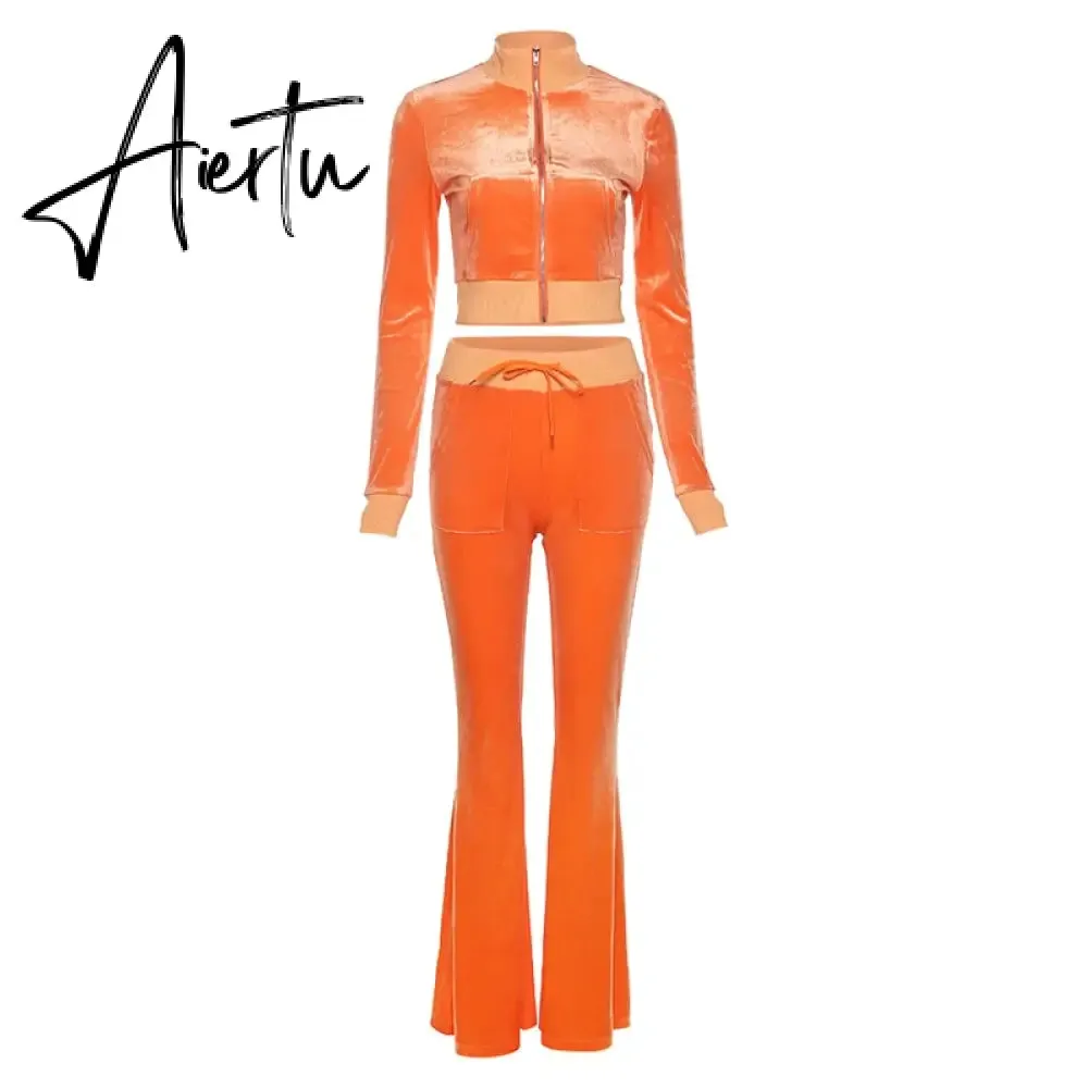 Turtleneck Top Bandage Lace Slim Female Wide Leg Pants Solid Velour Two Piece Set Women Simple Casual Zipper Long Sleeve