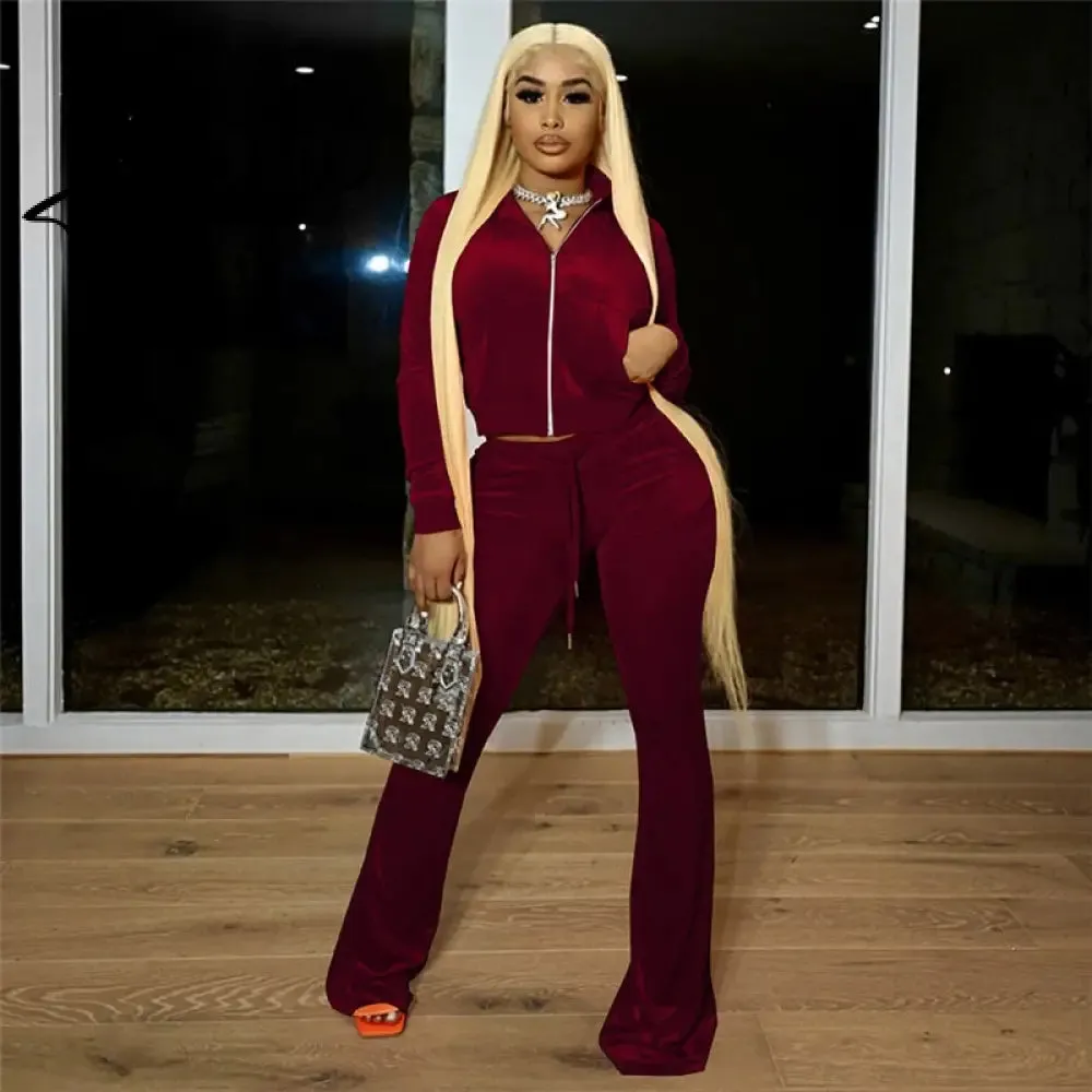 Turtleneck Top Bandage Lace Slim Female Wide Leg Pants Solid Velour Two Piece Set Women Simple Casual Zipper Long Sleeve