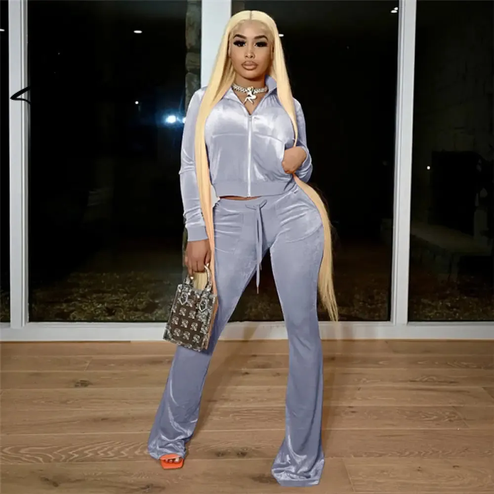 Turtleneck Top Bandage Lace Slim Female Wide Leg Pants Solid Velour Two Piece Set Women Simple Casual Zipper Long Sleeve