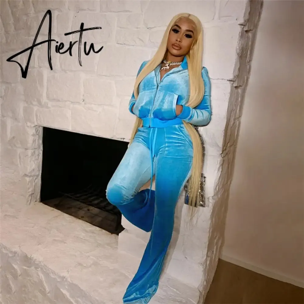 Turtleneck Top Bandage Lace Slim Female Wide Leg Pants Solid Velour Two Piece Set Women Simple Casual Zipper Long Sleeve