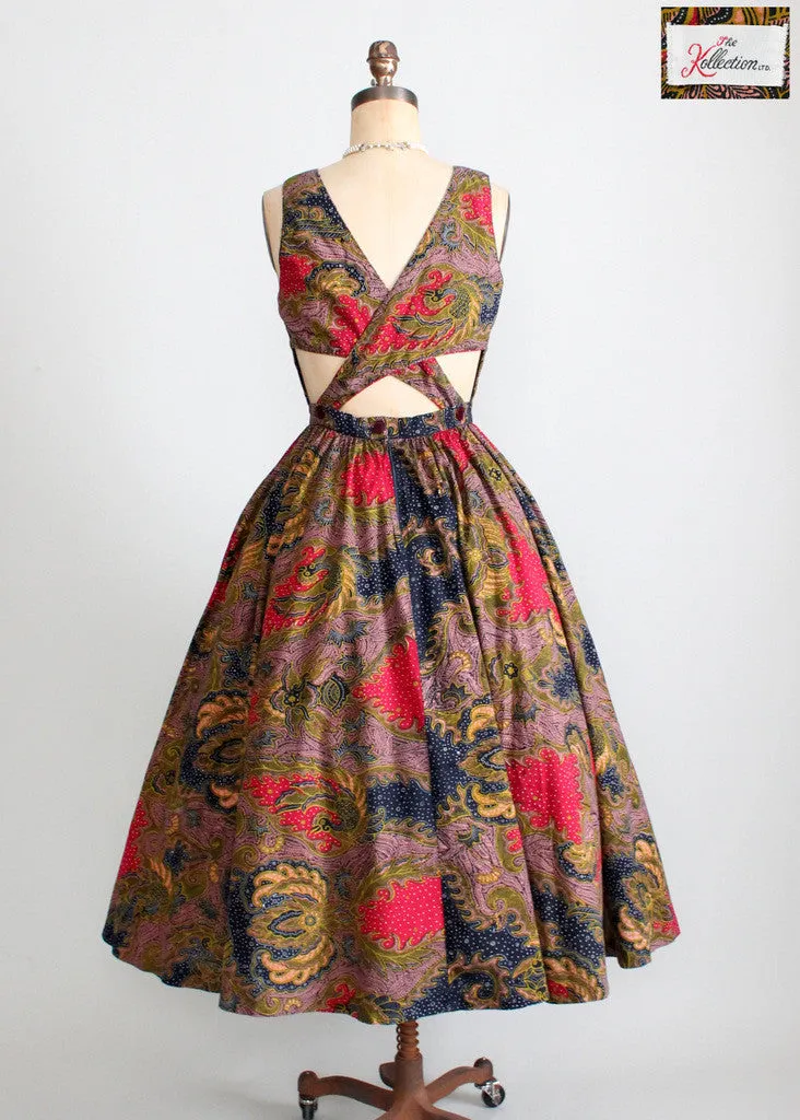 Vintage 1980s Tribal Print Open Back Dress