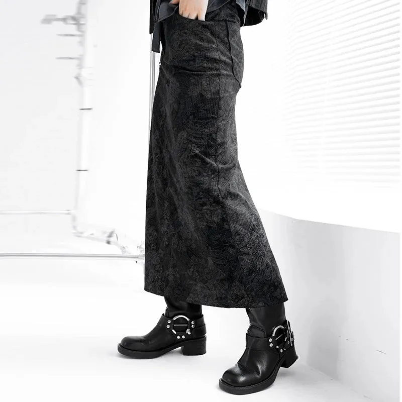 Vintage Grunge Jacquard Autumn Long Skirt Flowers Printed Slit Chic Women Skirt Gothic Dark Party Aesthetic Corduroy