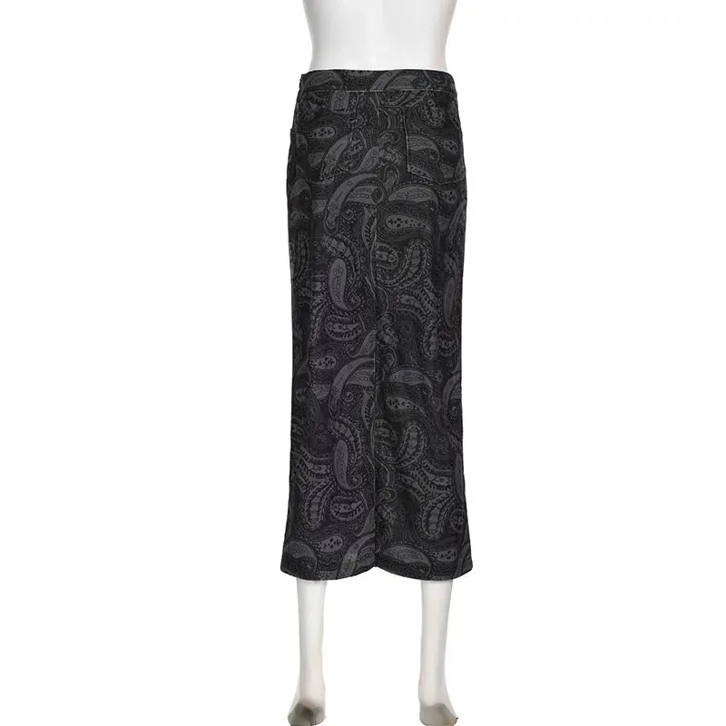 Vintage Grunge Jacquard Autumn Long Skirt Flowers Printed Slit Chic Women Skirt Gothic Dark Party Aesthetic Corduroy