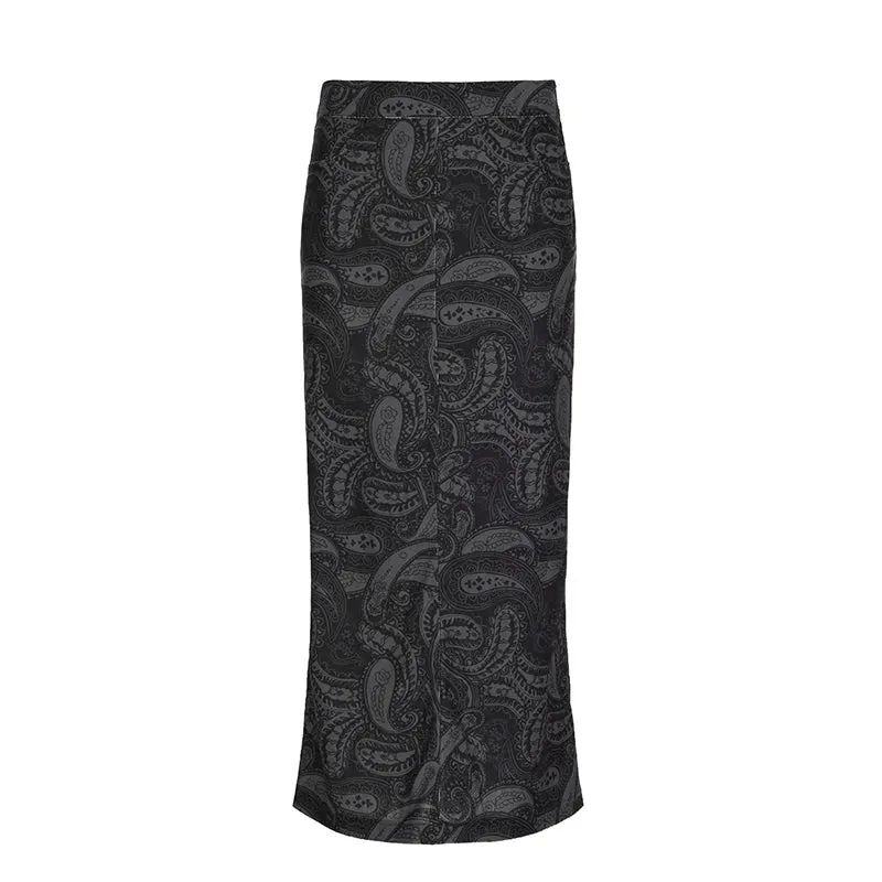 Vintage Grunge Jacquard Autumn Long Skirt Flowers Printed Slit Chic Women Skirt Gothic Dark Party Aesthetic Corduroy