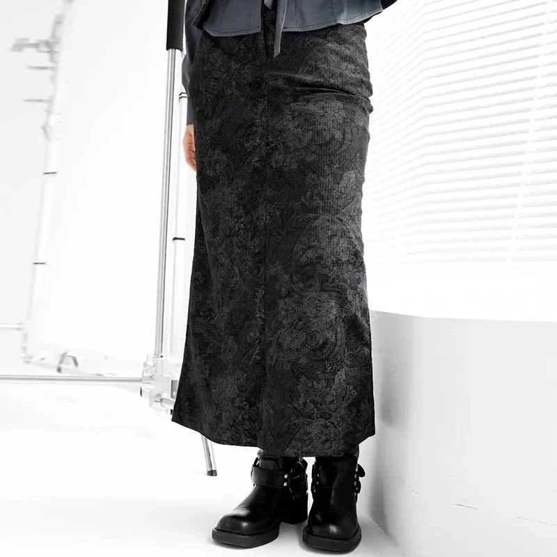 Vintage Grunge Jacquard Autumn Long Skirt Flowers Printed Slit Chic Women Skirt Gothic Dark Party Aesthetic Corduroy