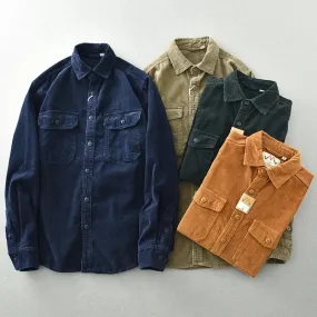 Vintage Heavy May Khaki Corduroy Men’s Shirt – Long Sleeve Loose Fit Cargo Casual Shirt Coat