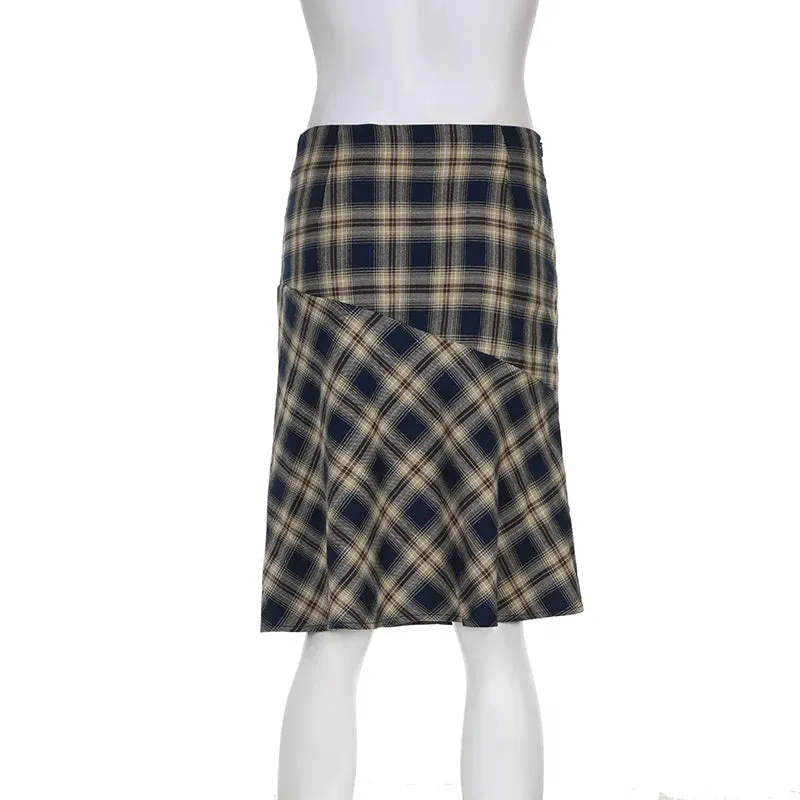 Vintage y2k England Style Midi Skirt Japanese Korean Chic Plaid Skirt Women Stitched Bottoms Preppy Checkered Outfits