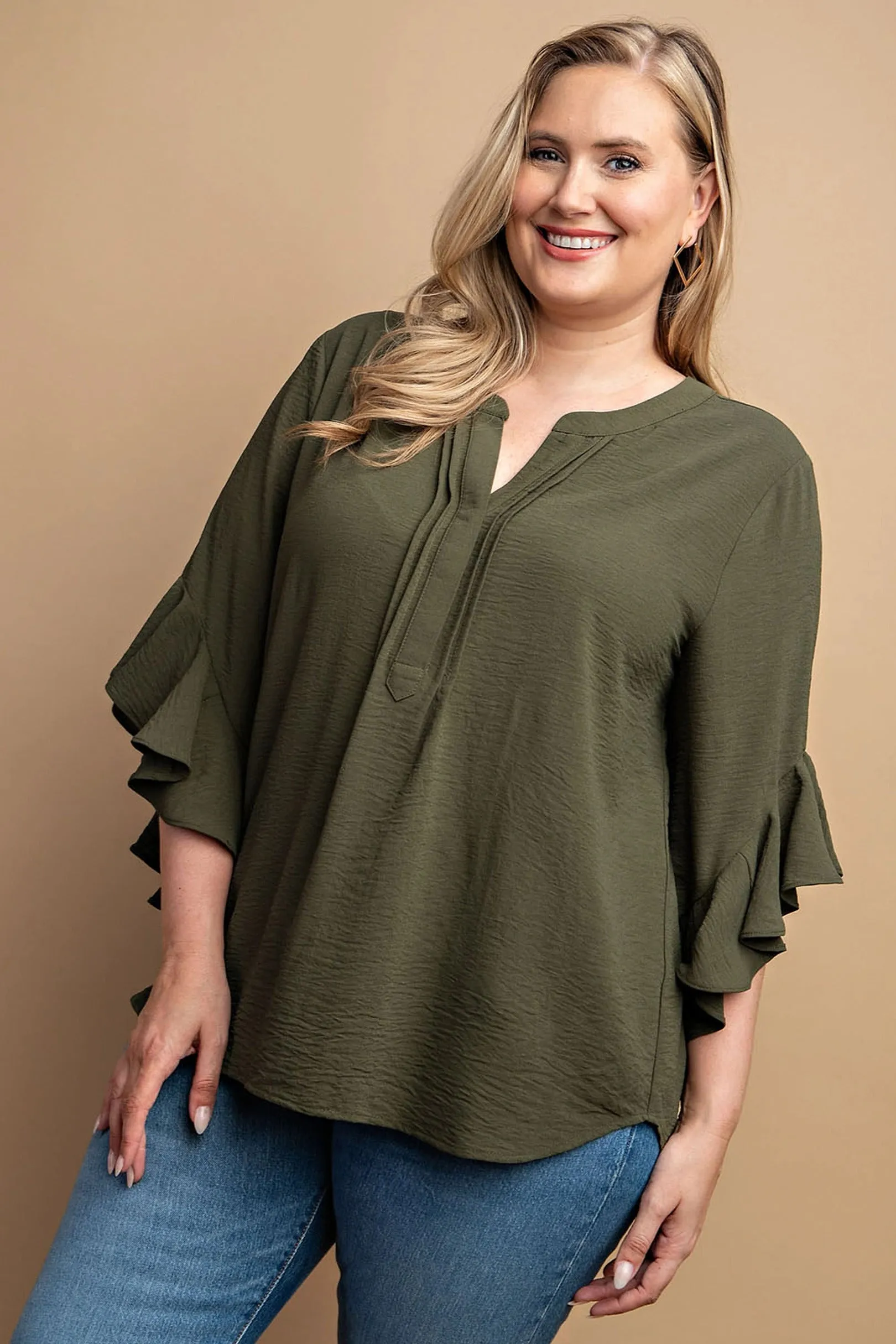 Voluptuous ( ) Ruffled Bell Sleeve And Front Pleated Detail Plus Size Women's Top