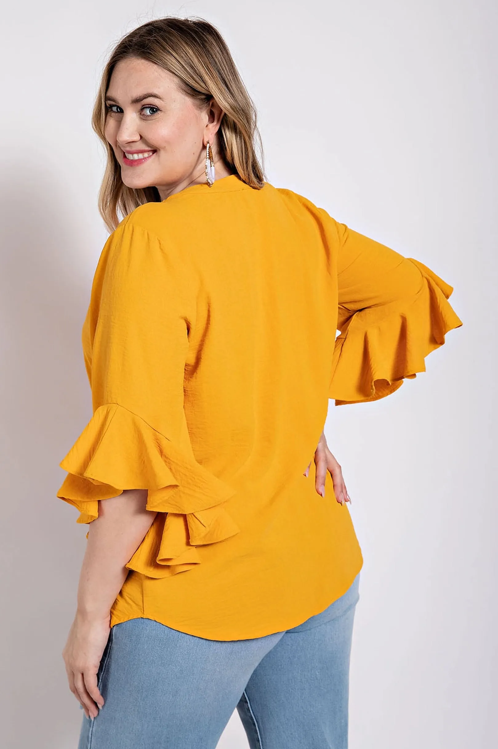 Voluptuous ( ) Ruffled Bell Sleeve And Front Pleated Detail Plus Size Women's Top