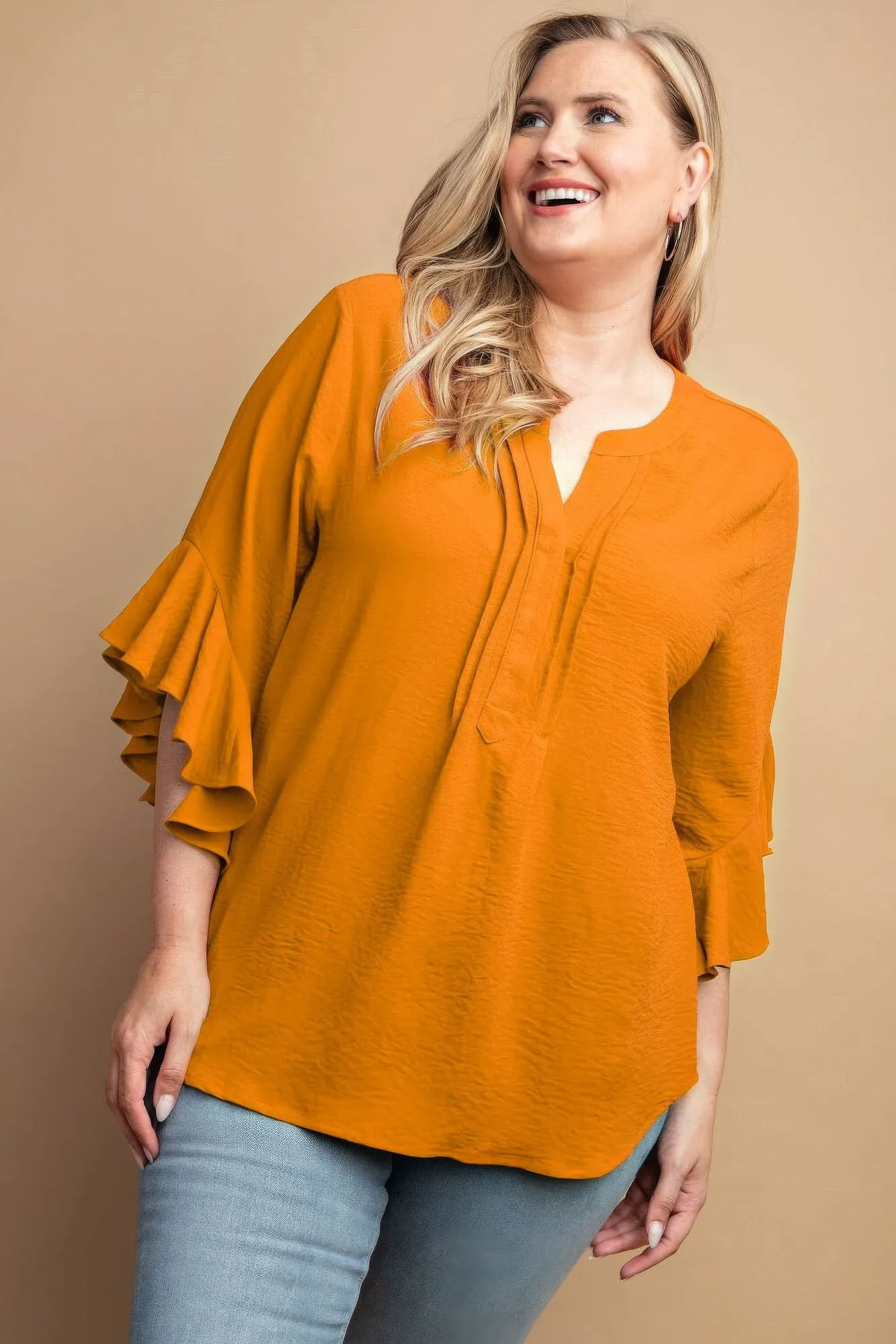 Voluptuous ( ) Ruffled Bell Sleeve And Front Pleated Detail Plus Size Women's Top