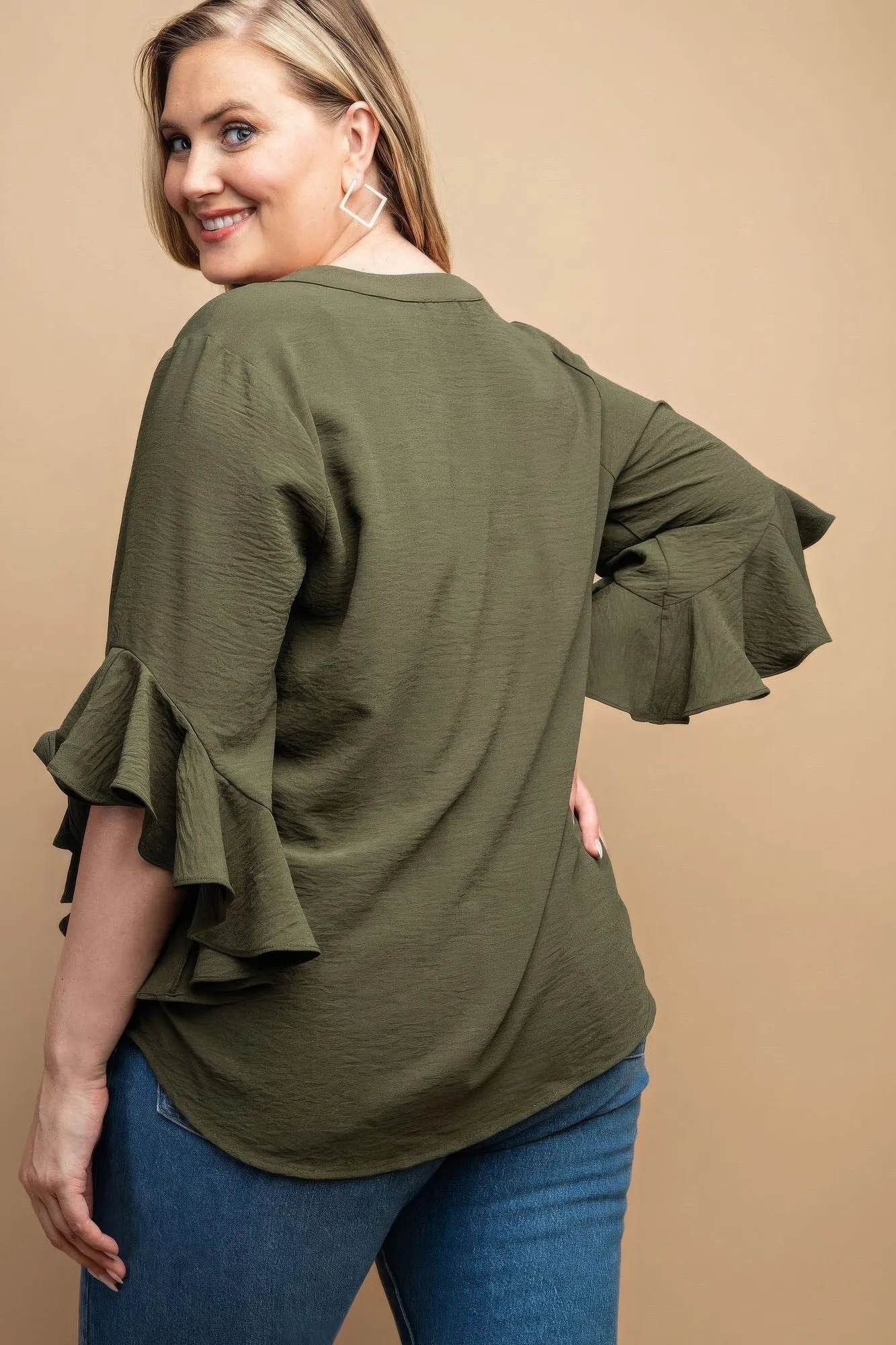 Voluptuous ( ) Ruffled Bell Sleeve And Front Pleated Detail Plus Size Women's Top