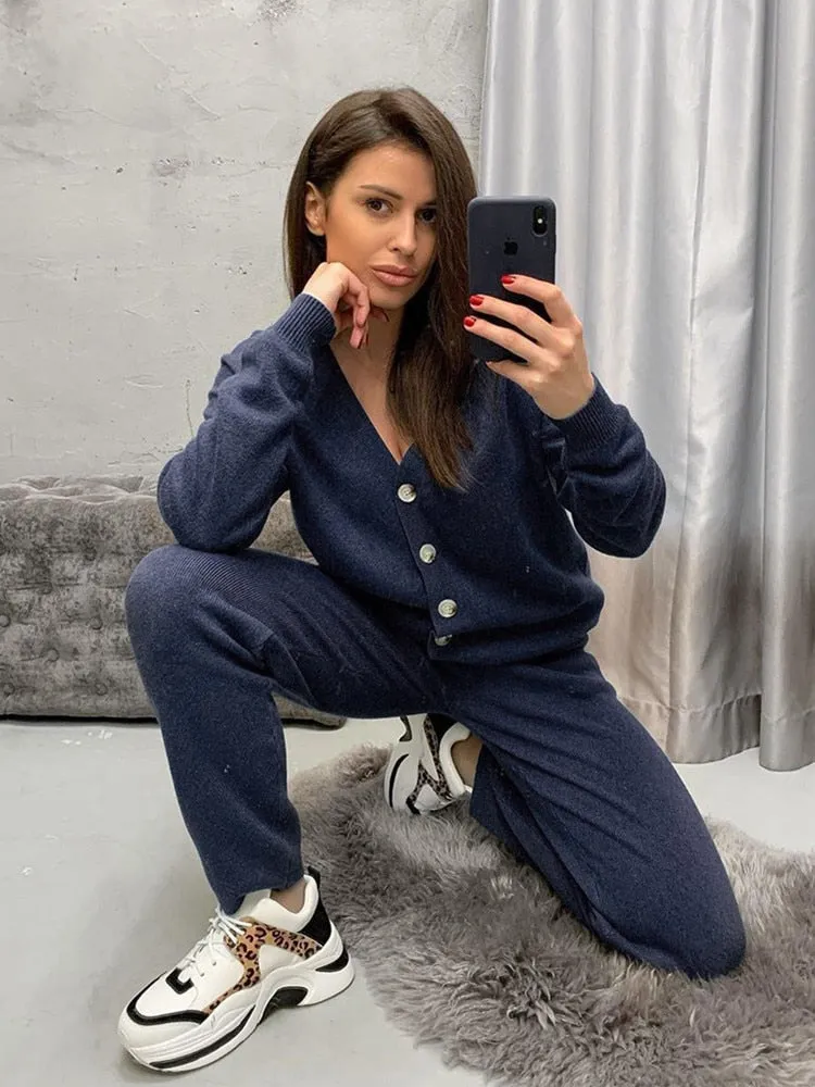 Women Knitted Tracksuit Turtleneck Sweater Casual Suit 2 Pcs Set Pant Suit