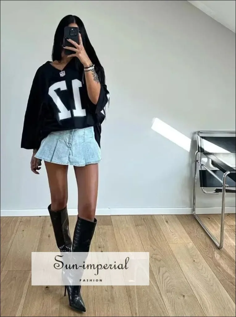 Women's Pleated Denim Mini Skirt With Back Shorts Detail