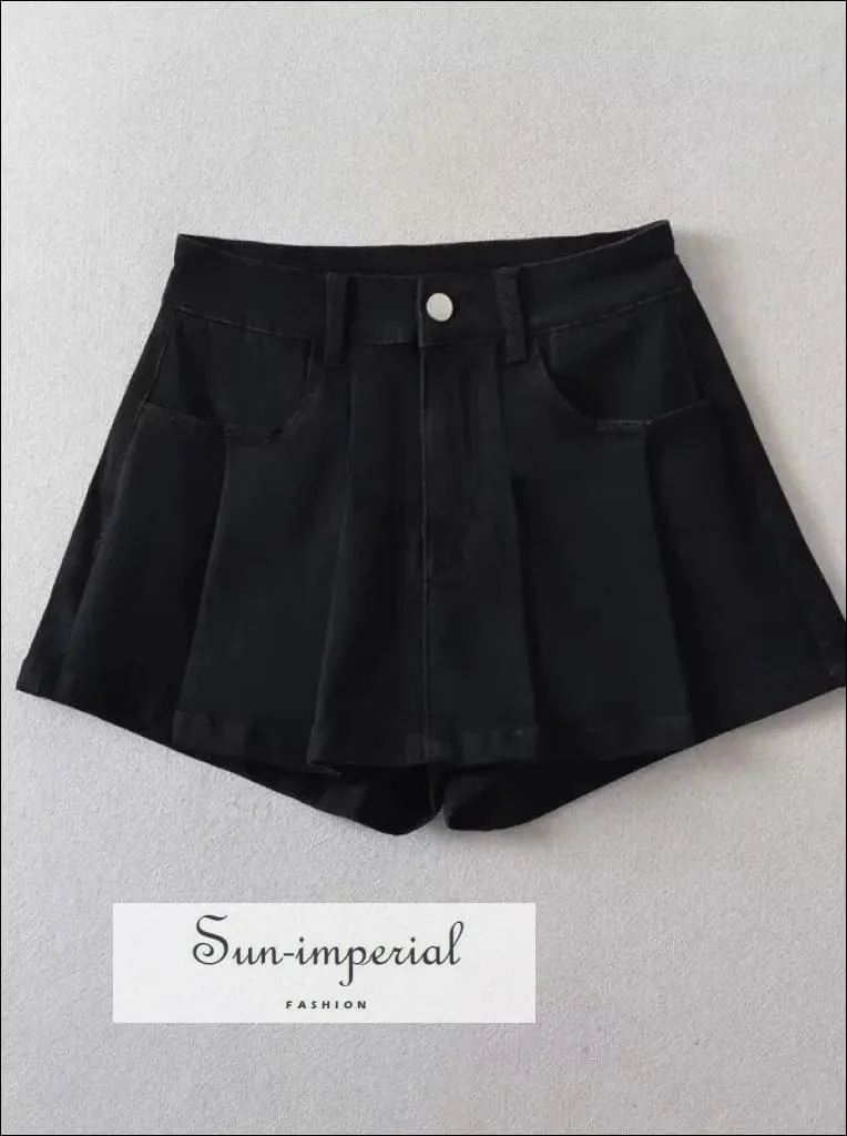 Women's Pleated Denim Mini Skirt With Back Shorts Detail