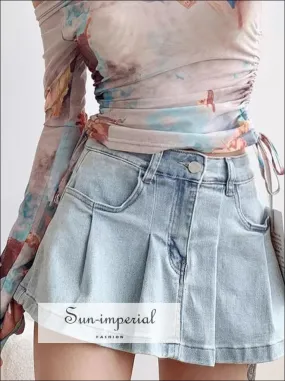 Women's Pleated Denim Mini Skirt With Back Shorts Detail