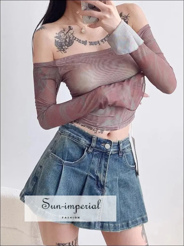 Women's Pleated Denim Mini Skirt With Back Shorts Detail