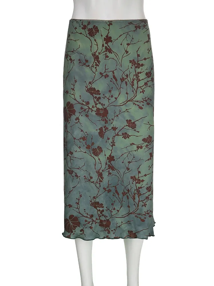 Y2K Green Fairycore Graphic Printed Midi Skirt Vintage Aesthetic Frill Chic Fashion Women's Skirts Grunge Outfits