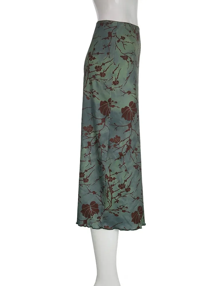 Y2K Green Fairycore Graphic Printed Midi Skirt Vintage Aesthetic Frill Chic Fashion Women's Skirts Grunge Outfits