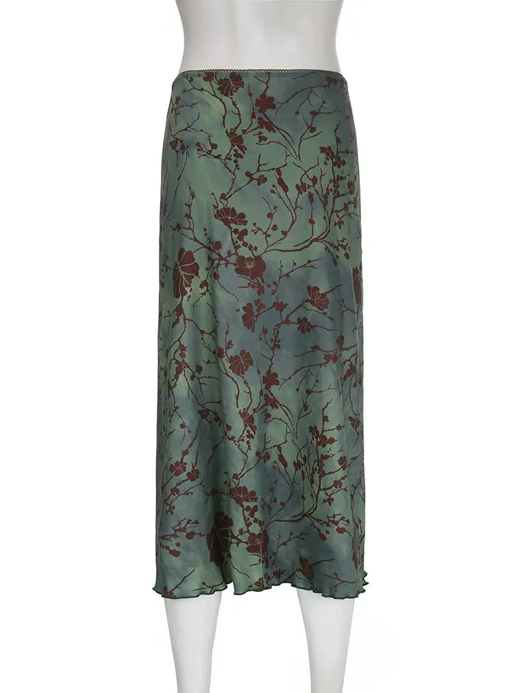 Y2K Green Fairycore Graphic Printed Midi Skirt Vintage Aesthetic Frill Chic Fashion Women's Skirts Grunge Outfits