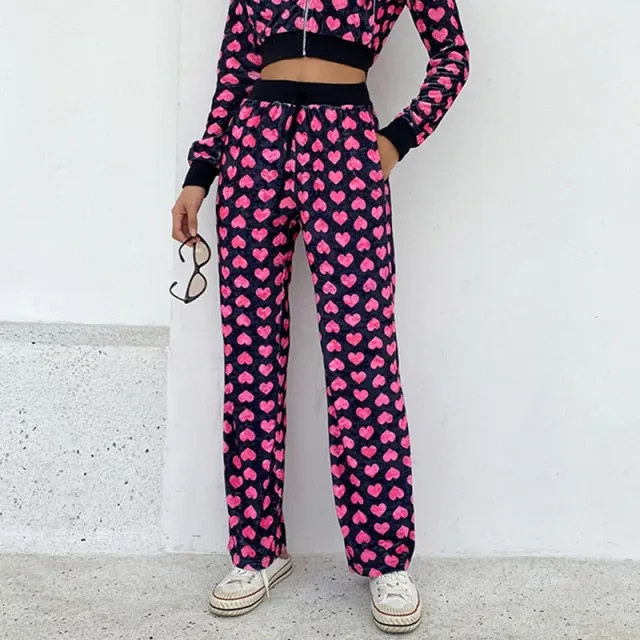 Yeknu Y2K Pink Pants Heart Printed Sweet Trousers Vintage Aesthetic Party Pants Pockets Joggers Festival Outfits Women New