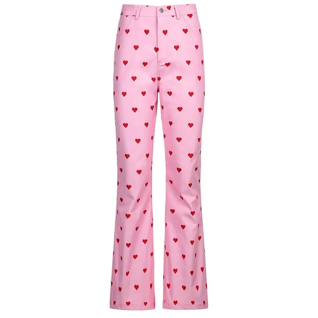 Yeknu Y2K Pink Pants Heart Printed Sweet Trousers Vintage Aesthetic Party Pants Pockets Joggers Festival Outfits Women New