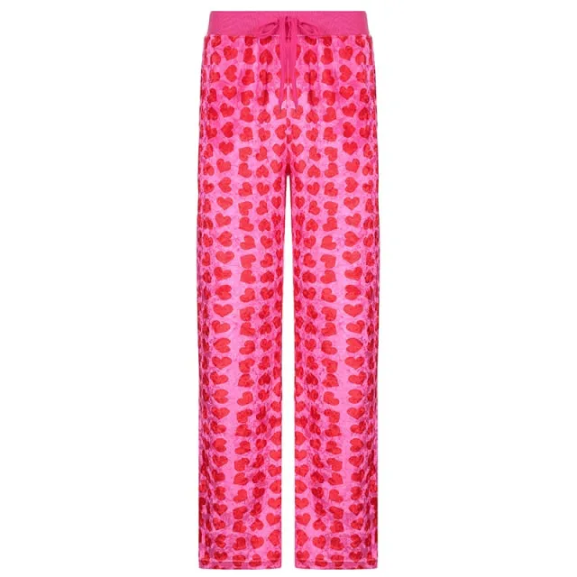 Yeknu Y2K Pink Pants Heart Printed Sweet Trousers Vintage Aesthetic Party Pants Pockets Joggers Festival Outfits Women New