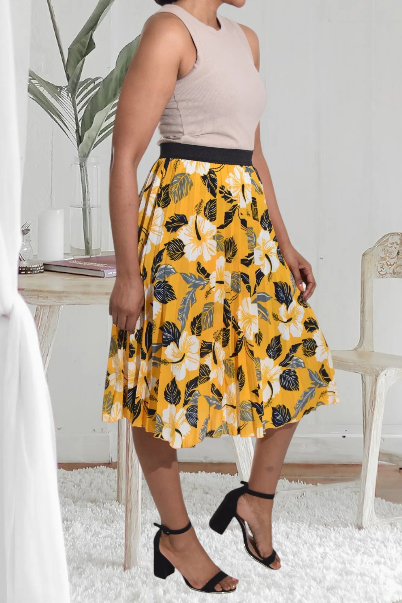 Yellow Floral Pleated Skirt