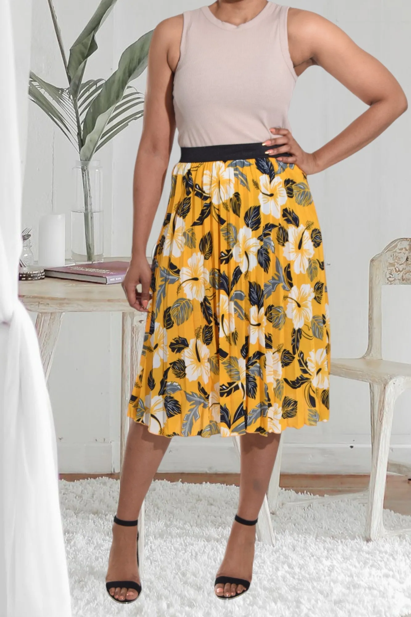Yellow Floral Pleated Skirt